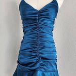 Jessica McClintock Y2K Teal Satin Halter Ruffle Drop Waist Mini Homecoming Dress Photo 0