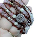 Victoria Emerson  Brown Leather Wrap Bracelet With Pink Pearls Photo 2
