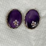 Vintage purple oval earrings with floral design. Purple Photo 0