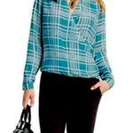 CAbi  Surplice Blouse Teal Cream Windowpane Plaid Chiffon Size M Photo 0