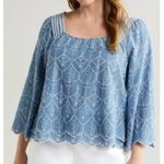 Caslon  Plus Size Cotton Eyelet Top Blue White Boho 3/4 Sleeve Peasant Blouse 2X Photo 3
