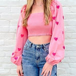 Main Strip EUC -  Heartfelt Milkmaid Smocked Sequin Hearts Crop Top - Size: Large Photo 0