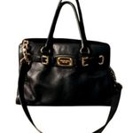 Michael Kors Satchel Hamilton Black Leather Handbag Gold Chain Strap Logo Plate Photo 0