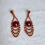 Red Rhinestone Gold Tone Chandelier Dangle Earrings Formal Prom Photo 2