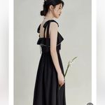 Japanese Black White Ruffle Minimalist Ribbon Bow Tie Sleeveless Midi Dress Size XS Photo 3