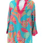 Anthropologie Britt Ryan Mini Dress Silk Blend Bright Pink Blue Tropical V-Neck Beach Medium Photo 1