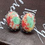 Vintage Mint Green Red Cabochon Earrings Stainless Steel Photo 0