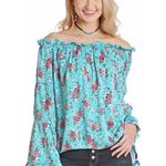 Panhandle Western Boho Peasant Blouse Top Shirt Turquoise Floral S Off-Shoulder Photo 1