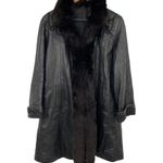 Vintage Leather Penny Lane Style Long Coat Black Real Fur Trim Womens Small Photo 0