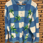 Talbots Blue White Checkered Palm Tree Embroidered Button Front Cardigan Size 2X Photo 0