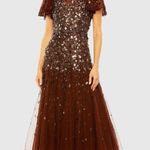 Mac Duggal 24018 Womens Brown Flutter Sleeve Sheer Top Beaded Dress Photo 0