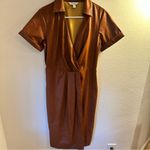 Nine West Women's Size Med NWT Faux-Leather Midi Dress Short Sleeve Maple Brown Photo 1