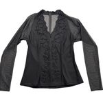 American Vintage Vintage Beaded Blouse Black Sheer Long Sleeve Deep V-Neck Shirt Scallop Date Photo 2