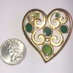 Vintage Satin Gold Tone Retro Boho Heart Brooch with Green Accents Photo 2