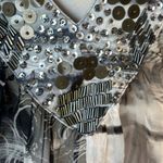 Top Silky Sheer Plunge Neck Black White Oversized Womens Small Sequin Bat Wing Photo 6