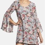 Dee Elle 🛍️ Floral Rose Gray Long Bell Sleeve Mini Sheath Dress Size XS Photo 0