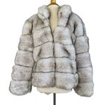 Guess  Oversized Faux Fur Jacket Gray Puffer Zip Up Coat SUPER SOFT Furry Sz L Photo 1