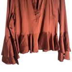 Cinq à Sept Cinq a Sept Kirin Orange Satin Ruffled Bell Sleeve Collared Blouse Top Size XS Photo 7