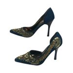 Anne Michelle FUEL57 Embroidered Denim Gold Beaded Heels Womens 6 Vtg Glam Pumps Photo 2