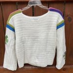 Duwaykam White Colorful Embroidered Flower Power Floral Knit Stripe Sweater Boho Photo 5