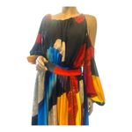 Eien‎ Graphic Print Maxi Dress One Shoulder Cutout Colorful Size Small Gathered Black Photo 2
