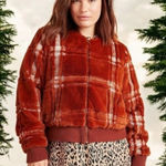 Anthropologie  Plaid Teddy Bomber Jacket Rich Rust Cozy Soft Cabin Holiday 1X Photo 0