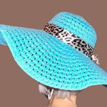 Aqua colored wide brim sun hat with animal print band! Blue Photo 2