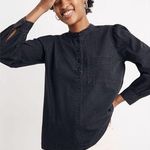 Madewell Denim Collarless Popover Shirt Faded Black Pleated Sleeves Photo 0