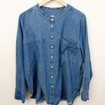 Loft  | Plus Chambray Ruffle Trim Blouse Denim-look Button Down Top | Size XL Photo 0