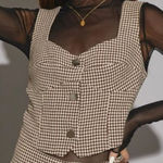 Mustard Seed Womens Houndstooth Sweetheart Neck Button-Up Vest Brown Large NWT Photo 0