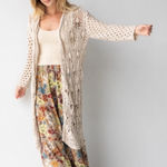 Natural Life  Duster Crochet Open Knit Cardigan Sweater Cream Boho L/XL Photo 0