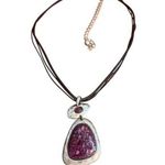 Chico's  Multi-Strand Black Leather Necklace Purple Stone Pendant Silver Tone Adj Photo 0