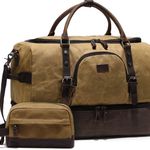  Weekender Bag with Shoe Compartment Large Overnight Bag for Men Canvas Genuine Leather Carry on Luggage Bag Travel Duffel Bag(Brown) Photo 0