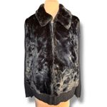 Vintage 90s Black Faux Fur Front Zip Jacket Ribbed Knit Collared XL Classic Warm Photo 2