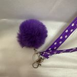 Handmade Purple and White Polka Dot Wristlet Keychain with Purple Pompom Photo 2