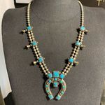 VTG Sancrest Costume Squash Blossom Necklace Faux Turquoise Southwest 30” Silver Photo 0