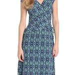 Evan Picone Pattern Faux Wrap Midi Dress Blue Teal Black Size 10 Photo 4