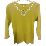 Sigrid Olsen  Green Mother of Pearl Keyhole Long Sleeve T-Shirt 3/4 Sleeve Size L Photo 0