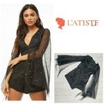 L'ATISTE  shorts romper black with tulle flowing sleeves with pearl style beads M Photo 1