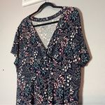 LL Bean Summer Knit Dress Midi Blue Floral Short Sleeve Faux Wrap Deep V Size 2X Photo 2