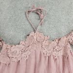 Umgee  Womens Top Medium Pink Lace‎ Trim Off the Shoulder Halter Tie Neck Photo 2