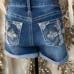 Love Indigo Blue Denim Shorts Size 6 Cross Embroidery Rhinestones Cuffed Photo 4