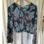 Gypsies & Moondust Blue Paisley Print V-Neck Long Sleeve Smocked Waist Top L Photo 1