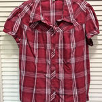 st. john's bay  Red/White Plaid‎ Short Puff Sleeve Button Up Blouse Size XL Photo 0
