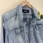 EXPRESS  Women's Light Blue Distressed Denim Jacket with Floral Embroidery | XL Photo 2