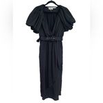 Entro Black Satin Bubble Puff Sleeves Faux Wrap Dress High Low Hem Belt‎ Midi S Photo 3