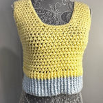 Handmade  Crocheted Yellow & Blue Cropped Tank Top. Wide Straps. Two Tone. Photo 0