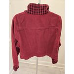 Allegra K  Size XL Cropped Denim Jacket Maroon Buffalo Plaid Cuff Retro Trucker Photo 3