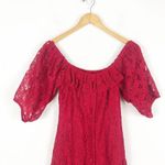 ZARA Red Lace Off Shoulder Midi Dress Medium Puff Sleeve Button Front Photo 3