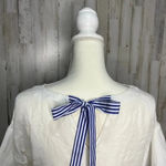 Polagram ‎ Women's White Bell Sleeve Blouse Blue Stripe Trim Size Small Photo 3